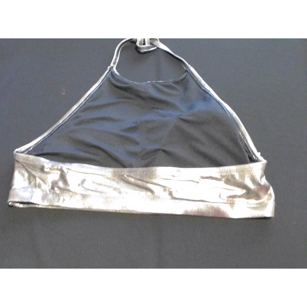 Metallic Silver Halter Neck Crop Top Liquid Foil Festival Rave Wear Shiny Tank M - Picture 2 of 5